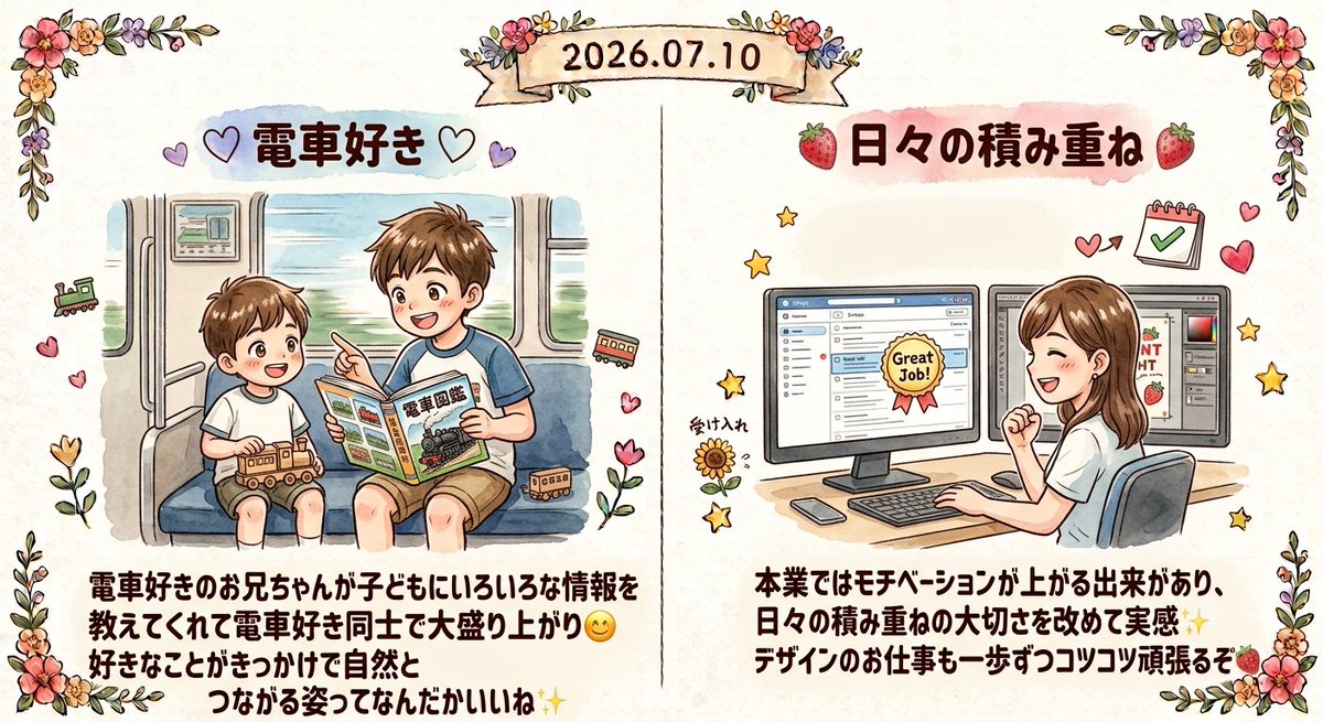 Lumi_desig's tweet photo. 2026.07.10

電車好きのお兄ちゃんが子どもにいろいろな情報を教えてくれて、大盛り上がり😊
好きなことがきっかけで自然とつながる姿ってなんだかいいね✨

本業ではモチベーションが上がる出来があり、日々の積み重ねの大切さを改めて実感✨
デザインのお仕事も一歩ずつコツコツ頑張るぞ🍓 https://t.co/7q1PKsdeou
