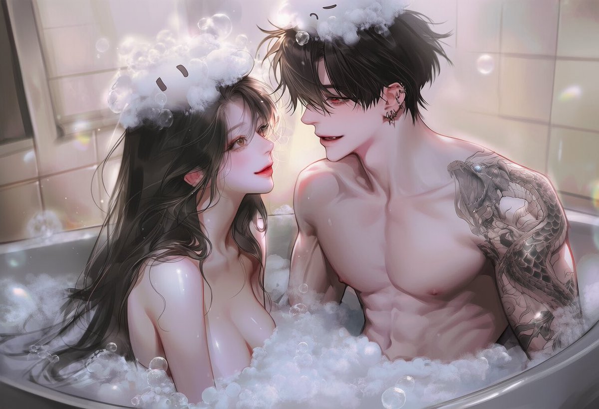 J_JJ0089's tweet photo. 거품 모자🫧

1boy, 1girl, couple, bubble bath, bathtub overflowing with fluffy white foam, only heads, shoulders and upper chest visible above the bubbles, covered by bubbles, tasteful composition,

facing each other at close distance, noses almost touching, smiling warmly at each other, soft eye contact, affectionate expressions, natural laughter, relaxed shoulders,

2::fluffy foam piled on top of both heads like funny bubble hats::, playful atmosphere, cozy bathroom, warm ambient lighting, cream-colored bathroom tiles,

romantic everyday moment, candid couple interaction, sweet chemistry, intimate but wholesome, peaceful, comfortable silence, cinematic composition,

upper body, close shot, eye-level angle, soft lighting, warm color grading, semi-realistic anime illustration, masterpiece, best quality, highly detailed