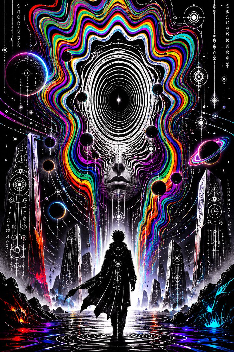 chandeliersone's tweet photo. THE THRESHOLD OF THE UNKNOWN 

One step closer, and reality begins speaking in symbols. Every contour is a fragment of an ancient cosmic language waiting to be understood.

#MetaAI #PsychedelicArt #SciFiArt #AIArt https://t.co/mDezw1IiVb