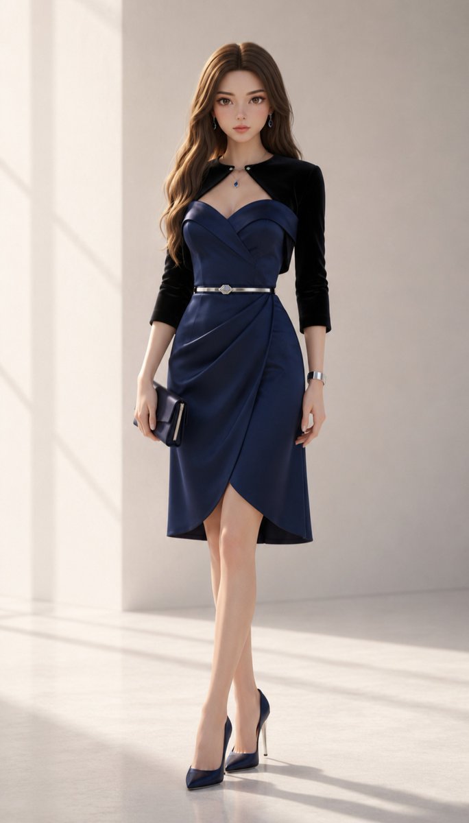 JemiVraxIS's tweet photo. Premium VraxIS Outfit Prompt 005

Dress

Tailored knee-length cocktail dress in deep sapphire with a graceful A-line silhouette.

Elegant off-the-shoulder neckline framed by softly folded satin panels.

Sculpted fitted bodice with refined princess seams that flatter the natural silhouette.

Asymmetrical wrap-style skirt featuring a tasteful front overlap and fluid movement.

Hidden side zipper with seamless construction for a clean, uninterrupted finish.

Satin-lined interior providing exceptional comfort throughout the evening.

Outer Layer

Cropped tailored evening bolero in midnight black velvet.

Three-quarter fitted sleeves with subtle satin cuffs.

Minimalist clasp beneath the collarbone finished in polished silver.

Footwear

Refined pointed-toe heels crafted from premium satin.

Sculpted metallic heel with brushed silver finish.

Cushioned memory-foam insole for lasting comfort.

Anti-slip flexible sole designed for polished flooring.

Accessories

Slim polished silver waist belt with a minimalist geometric clasp.

Crystal drop earrings featuring sapphire-blue stones.

Matching pendant necklace with a single faceted crystal.

Elegant silver cuff bracelet with clean architectural lines.

Compact satin evening clutch with concealed magnetic closure.

Fine satin elbow-length gloves for optional formal styling.

Materials

Premium satin.

Luxury velvet.

Soft silk lining.

Lightweight stretch performance fabric.

Brushed silver alloy hardware.

Precision-cut crystal accents.

Colour Palette

Deep sapphire blue.

Midnight black.

Soft silver metallic accents.

Clear crystal highlights.

Subtle pearl-white interior lining.