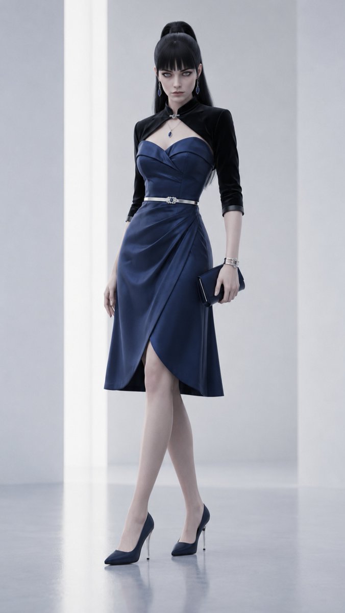 JemiVraxIS's tweet photo. Premium VraxIS Outfit Prompt 005

Dress

Tailored knee-length cocktail dress in deep sapphire with a graceful A-line silhouette.

Elegant off-the-shoulder neckline framed by softly folded satin panels.

Sculpted fitted bodice with refined princess seams that flatter the natural silhouette.

Asymmetrical wrap-style skirt featuring a tasteful front overlap and fluid movement.

Hidden side zipper with seamless construction for a clean, uninterrupted finish.

Satin-lined interior providing exceptional comfort throughout the evening.

Outer Layer

Cropped tailored evening bolero in midnight black velvet.

Three-quarter fitted sleeves with subtle satin cuffs.

Minimalist clasp beneath the collarbone finished in polished silver.

Footwear

Refined pointed-toe heels crafted from premium satin.

Sculpted metallic heel with brushed silver finish.

Cushioned memory-foam insole for lasting comfort.

Anti-slip flexible sole designed for polished flooring.

Accessories

Slim polished silver waist belt with a minimalist geometric clasp.

Crystal drop earrings featuring sapphire-blue stones.

Matching pendant necklace with a single faceted crystal.

Elegant silver cuff bracelet with clean architectural lines.

Compact satin evening clutch with concealed magnetic closure.

Fine satin elbow-length gloves for optional formal styling.

Materials

Premium satin.

Luxury velvet.

Soft silk lining.

Lightweight stretch performance fabric.

Brushed silver alloy hardware.

Precision-cut crystal accents.

Colour Palette

Deep sapphire blue.

Midnight black.

Soft silver metallic accents.

Clear crystal highlights.

Subtle pearl-white interior lining.