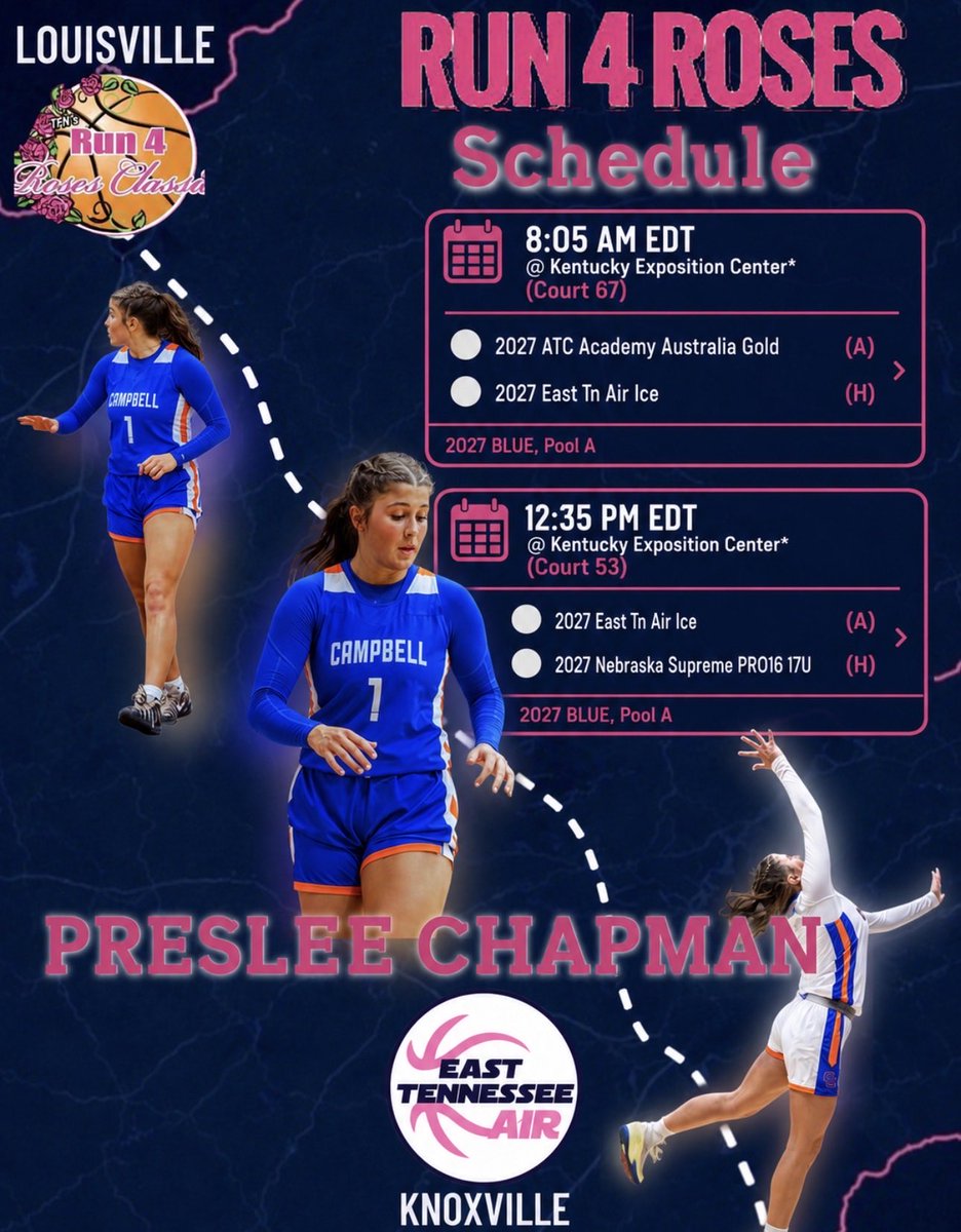 ChapmanPreslee's tweet photo. @TFNsRun4Roses Classic in the morning! Coaches, stop by and check us out!

@EastTNAir @PeteETA2027 @CCHSLadiesBball @_BlakeDerrick @PGHTennessee https://t.co/ENhAKTwy4x