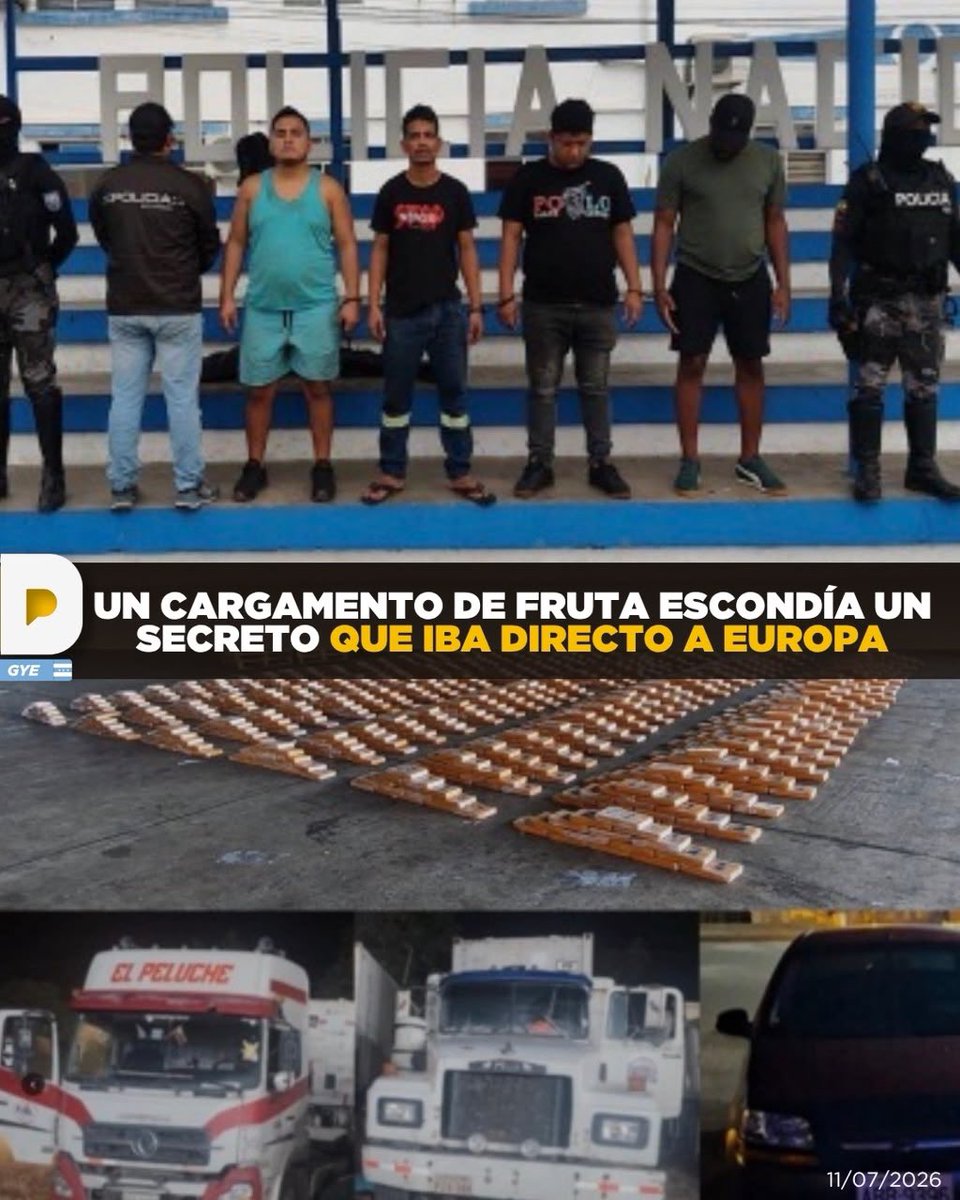 LaPosta_Ecu's tweet photo. La Policía dio en el blanco con la Operación ESPECTRO. Interceptaron un camión que salía de Guayaquil rumbo a Puerto Bolívar, en Machala, cargado con un contenedor de fruta contaminado. Al revisarlo encontraron 1.800 bloques de c0c4ína: 1.7 toneladas con destino final Dinamarca. La dr0g4 representaría 17.9 millones de dosis y un valor de $54 millones en el mercado nacional. Como parte del operativo aprendieron tres vehículos, seis celulares y cuatro presuntos implicados.