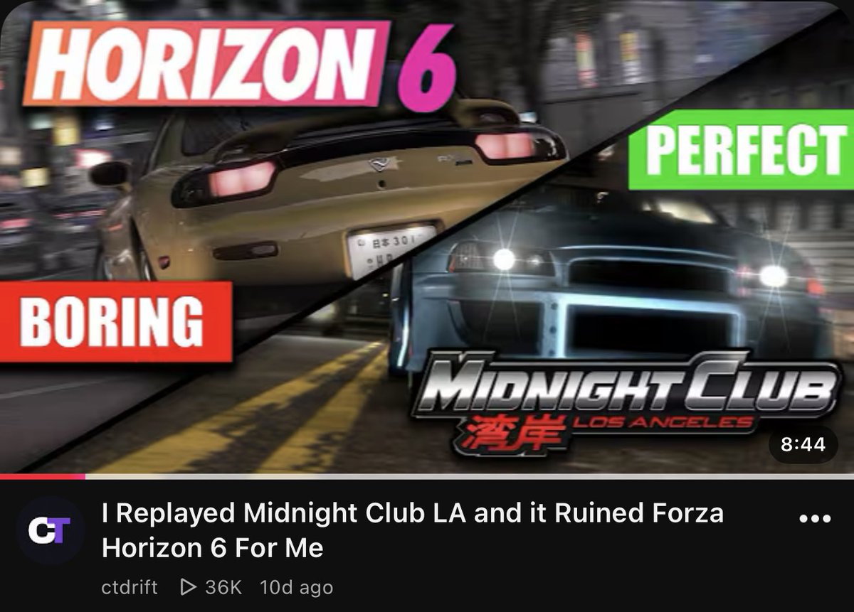 TheCanadianGTR's tweet photo. ctdrift, a YouTuber, made a video about why replaying Midnight Club Los Angeles has ruined his enjoyment for Forza Horizon 6.
Original video by ctdrift: https://t.co/KT7h0FbKH2
#ForzaHorizon6 #FH6 #ForzaShare #MidnightClub #MidnightClubLosAngeles #MidnightClubLA #MCLA https://t.co/HsPbjKZiw4
