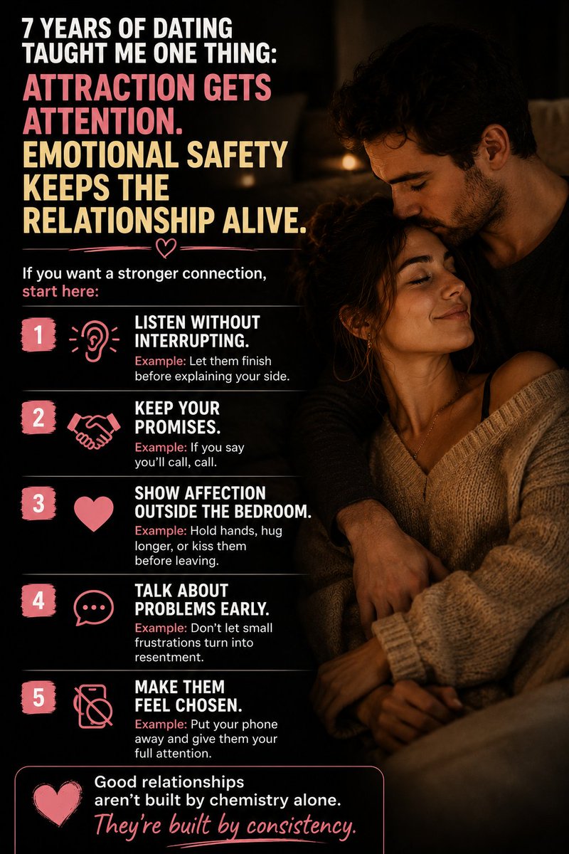 BoiledWarm's tweet photo. 7 years of dating taught me ONE thing:

Attraction gets attention. Emotional safety keeps the relationship alive.
If you want a stronger connection, start here:
united

1. Listen without interrupting.
Example: Let them finish before explaining your side. https://t.co/kYUCsOGoh1