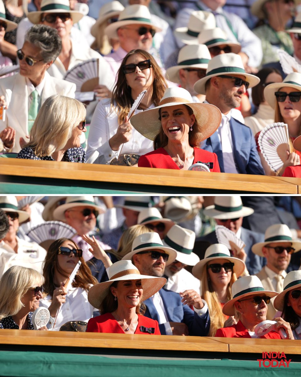 IndiaToday's tweet photo. Britain's Princess Kate laughs in the royal box as she attends the women's singles final between Linda Noskova of Czech Republic and Karolina Muchova of Czech Republic at Wimbledon Tennis Championships in London, Saturday.
#PrincessKate #Wimbledon #RoyalBox #Wimbledon2026 #RoyalFamily #ITPhotoblog