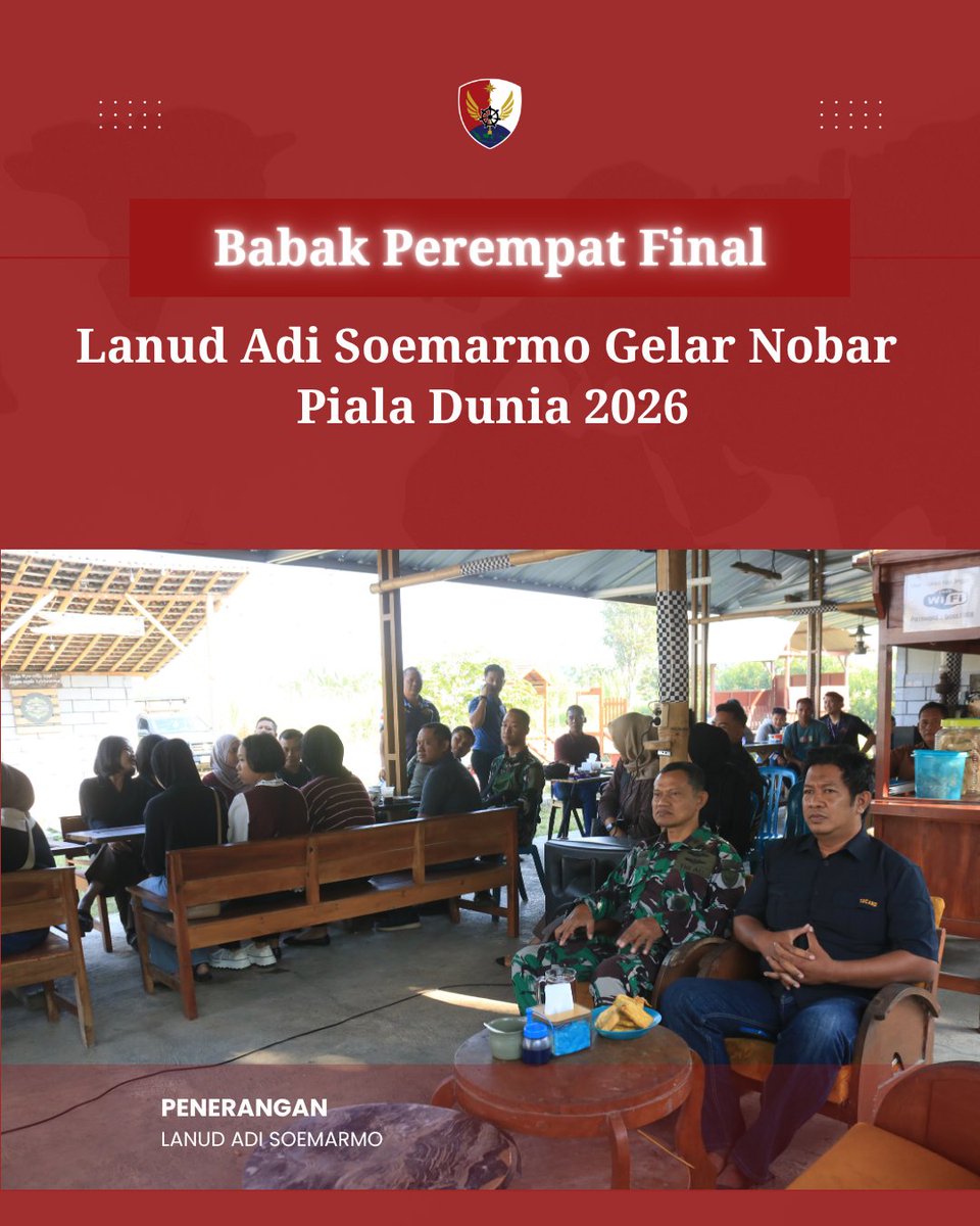 lanud_smo's tweet photo. Memasuki babak perempat final piala dunia 2026, Pangkalan TNI Angkatan Udara (Lanud) Adi Soemarmo menggelar Nonton Bareng (Nobar) Bola Gembira Piala Dunia 2026 antara Swiss melawan Argentina bertempat di angkringan dan cuci mobil AD 88 Gawanan Colomadu. Minggu (13/7/2026). https://t.co/Mnq9QLtJBD