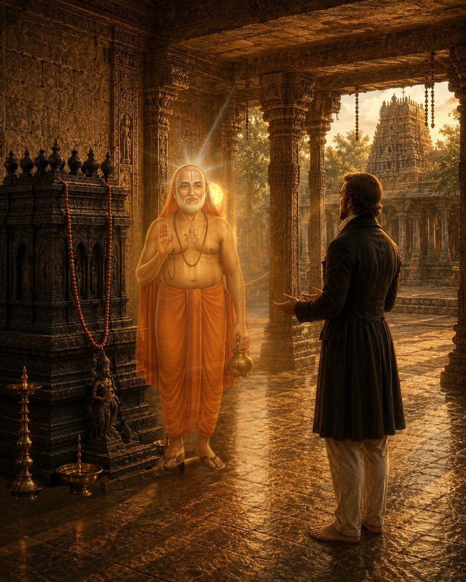 AnadyaOm's tweet photo. Thomas Munro was a Scottish soldier and colonial administrator who earned such respect from the people he governed that locals called him "Mandava Rishi." Born in Glasgow in 1761, he came to India as an infantry cadet in 1780.

Munro grew frustrated with the East India Company's rigid, extractive rules. Unlike other officials focused on maximizing revenue, he cared about the cultivators and introduced the Ryotwari system to better support them.

This unconventional administrative approach eventually led him to the village of Mantralayam. In 1800, while serving as Principal Collector, the Madras Government ordered him to collect annual taxes and reclaim the revenue-free land endowment of the local Matha.  

Local revenue officials were terrified to enforce the order against the tomb of the 17th-century saint Sri Raghavendra Swamy, so Munro decided to investigate himself. Upon reaching the Tungabhadra River, he washed his hands and feet and removed his boots and hat before entering the temple.  

What happened at the Brindavana tomb didn't fit any colonial logic. As Munro stood before the shrine, to the priests and British secretaries watching, they only saw their commanding officer talking to thin air, as he stood in front of Brindavana.

When the conversation ended, Mantrakshate appeared in Munro's hand for everyone to see. Munro, who looked convinced returned to his tent and officially canceled all directives regarding the taxation of the village, and drafted an official order permanently restoring the revenue-free status of the Mantralayam Matha and its surrounding lands.

Later Munro revealed that Shri Raghavendra Swamy, who had entered Jeeva Samadhi 130 years prior, had appeared before him. That they both had a conversation about reclaiming the endowment and that the saint explained him how it would destroy the institution's ability to feed the poor and maintain its rituals. This order was later published in the Madras Government Gazette, Chapter XV (Adoni Taluk), Page 213.

It is said that on July 2018, 5th Generation of Sir Thomas Munro visited Mantralaya and took the blessings of Rayaru.

|| Om Shri Raghavendraya namaha || 
Rayariddare 🙏