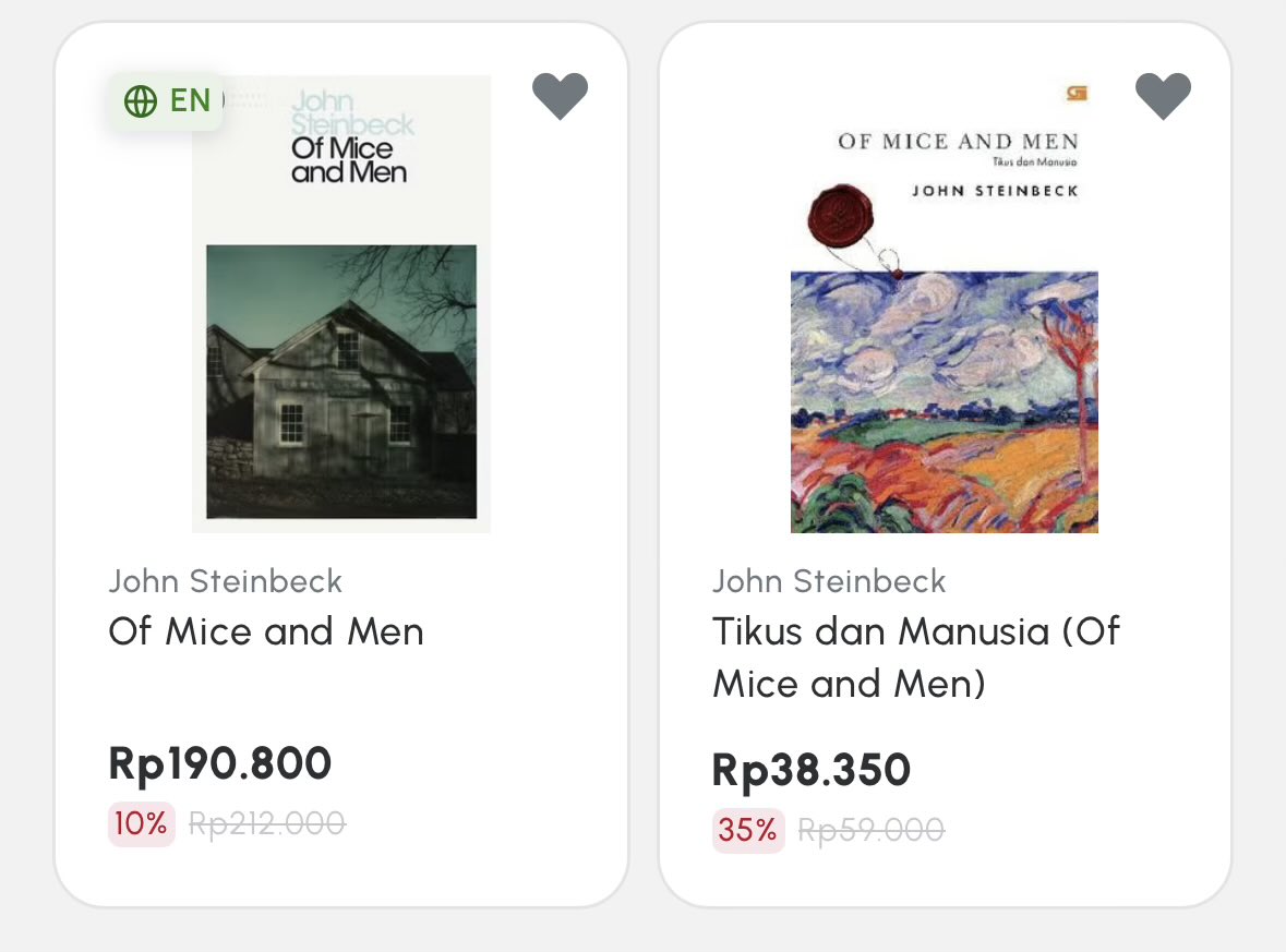 txtfrombook's tweet photo. Perbedaan harga Of Mice and Men english &amp; terjemahan 😭 https://t.co/Ao6b8Ne4Ir