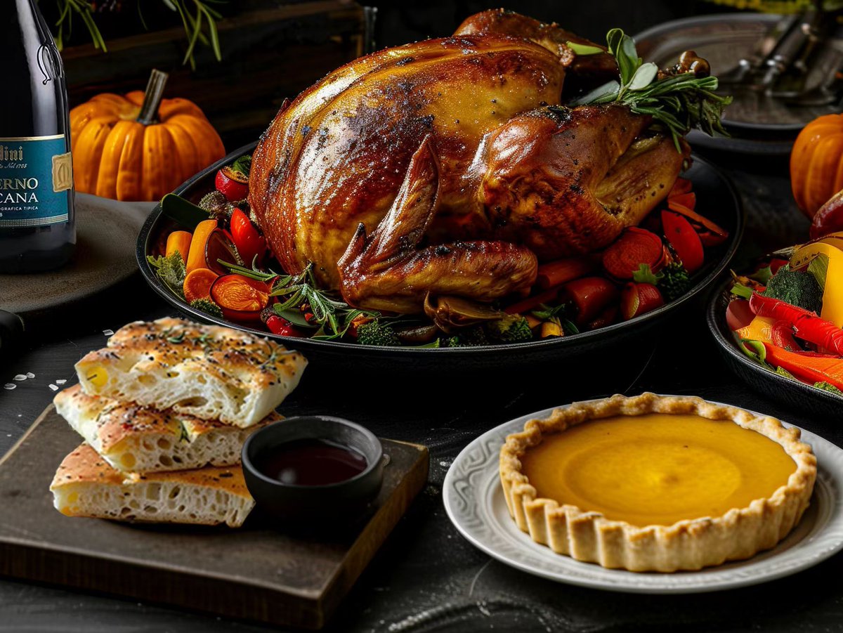 JonaSkuza's tweet photo. Thanksgiving feast alert! Creamy pumpkin pie, herb-roasted turkey, and warm cranberry sauce ready to fill your plate. Tag someone you’d share this cozy meal with! https://t.co/iF494aTg4q