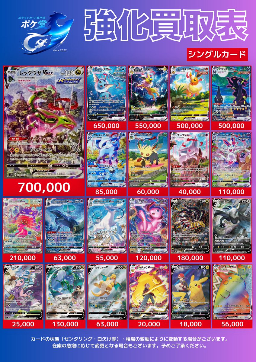 Pokedou_Kitakam's tweet photo. 🔔シングルカード 強化買取情報🔔

🆙シングルカード買取表③🆙

‼️ご来店お待ちしております‼️

#ポケ堂 #北上　 #岩手 #買取 #ポケカ
#ポケモンカード #PSA https://t.co/LRoe609fZE