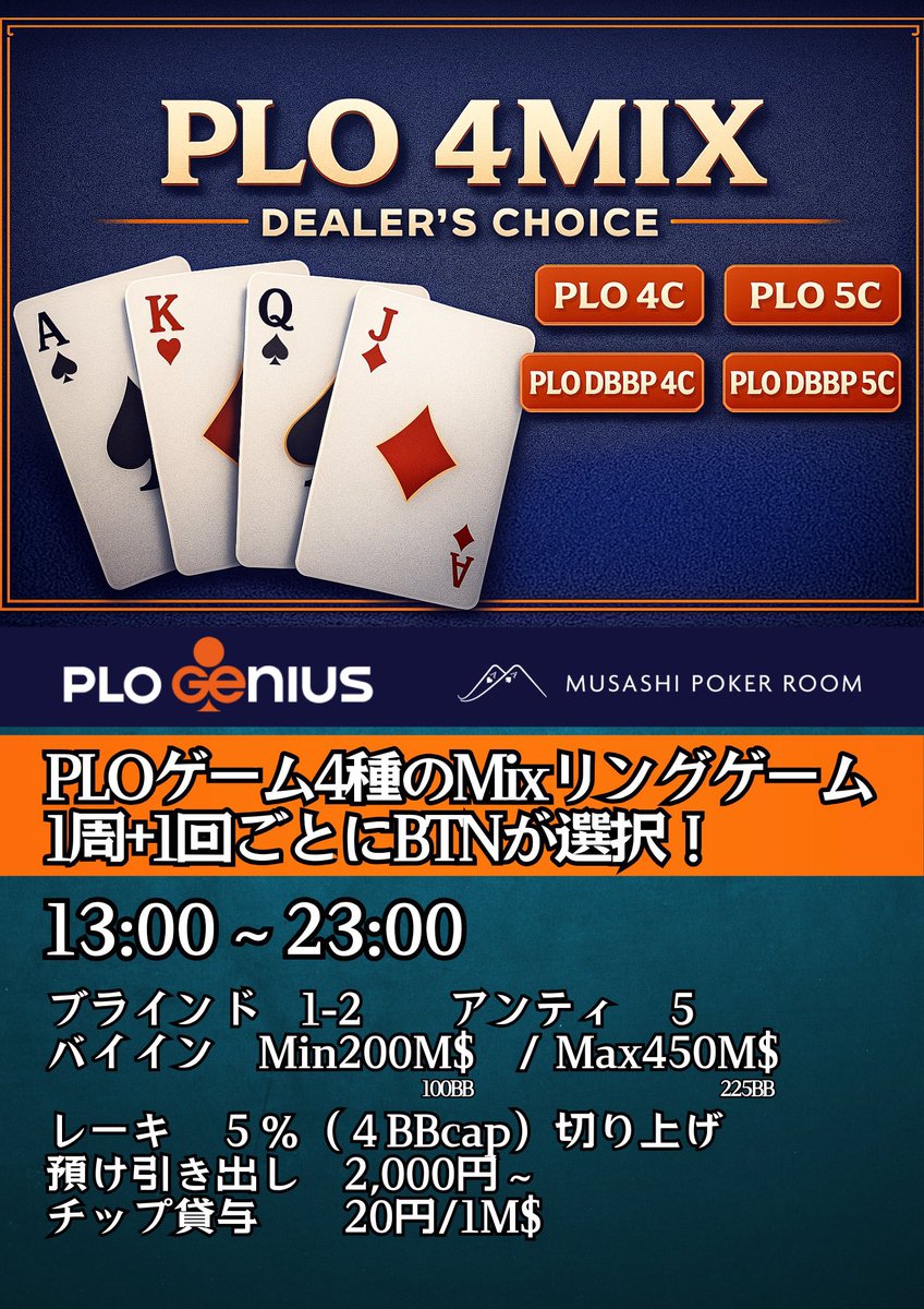 ☀本日のむさぽ☀ 通常リングゲームとは別で 【PLO4MiXリング】を開催