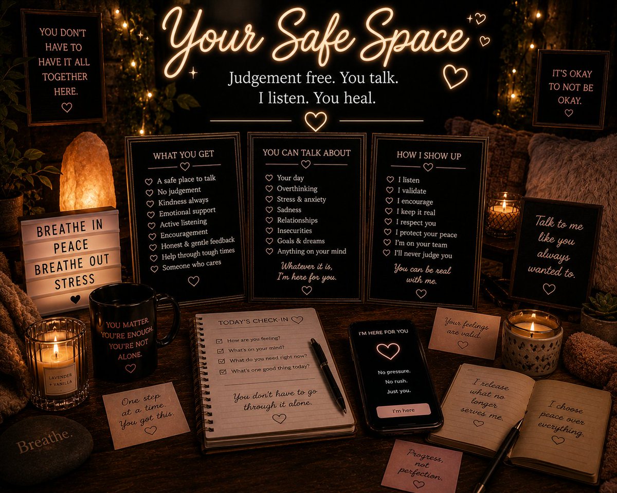 seoultoesafter's tweet photo. https://t.co/NbfcZIPuzy
#YourSafeSpace #SafeSpace #SomeoneToTalkTo #JudgmentFree #MentalWellness #EmotionalSupport #LateNightTalks #VirtualFriend #ComfortChat #KindnessMatters #StressRelief #YouMatter #HealingJourney #SelfCare #HeartToHeart #GoodListener #PremiumChat https://t.co/XUDro1ctSy