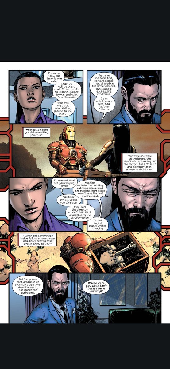 SlinGnBullets's tweet photo. @RBlack134 @House0fstrange Even during the Invincible Iron-man run that establishes the pair for most of it Emma rightly treats Tony with contempt. It's only after she enters his mind that she starts to lighten up on him.

Also Ironmans 2024 run highlights Emma's impact on him. Her criticism got to him. https://t.co/FzkIZElZGe