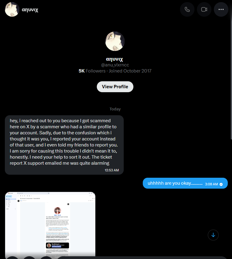 are_shura's tweet photo. hi guys, it seems there's another type of scam again that's been going around again

they dm you that they got scammed by an acct similar to u and so they ur account instead of that user then a counter report &amp; ask u to dm someone in discord for the support.PLS DO NOT ENTERTAIN⚠️ https://t.co/ftAjq4AV7N