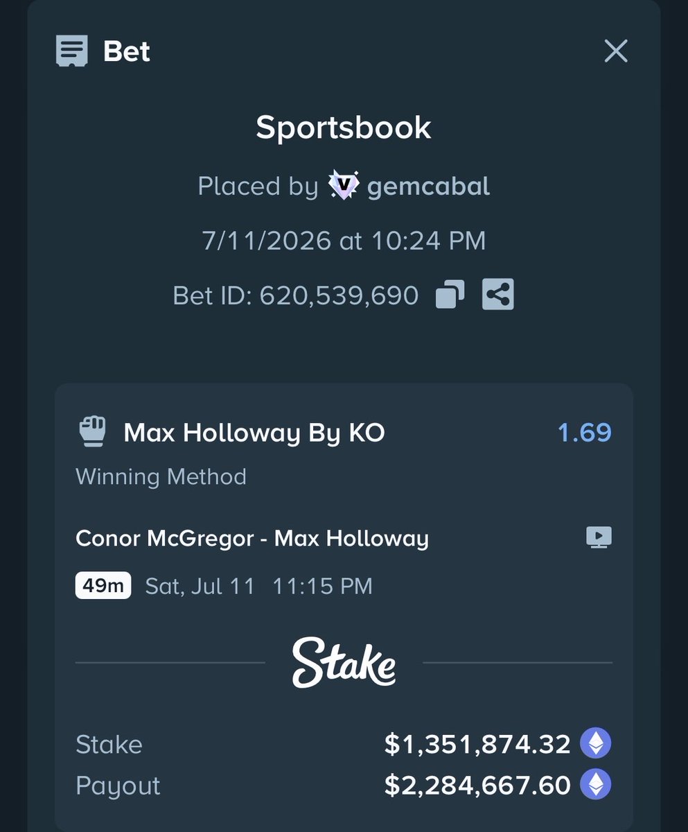 Jelitics's tweet photo. $1.35M on Max Holloway to KO Conor McGregor https://t.co/7yedCvnzsc