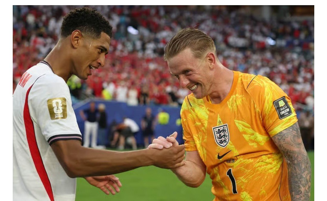 chizzygold67's tweet photo. Pickford continues praise for Bellingham;

Jordan Pickford, in the mixed zone, was full of praise for England's matchwinner Jude Bellingham.

💬 “His mentality is what puts him on that level. He has been top level, and long may it continue.”

On the victory itself, and England's progression, Pickford added: “We've got that togetherness, that team spirit, that commitment. We drive ourselves. We never say never.

“The managers wants us to improvement going forward — and yeah, we definitely want that ourselves — but when the going gets tough, we're resilient and we dig in as a team.”