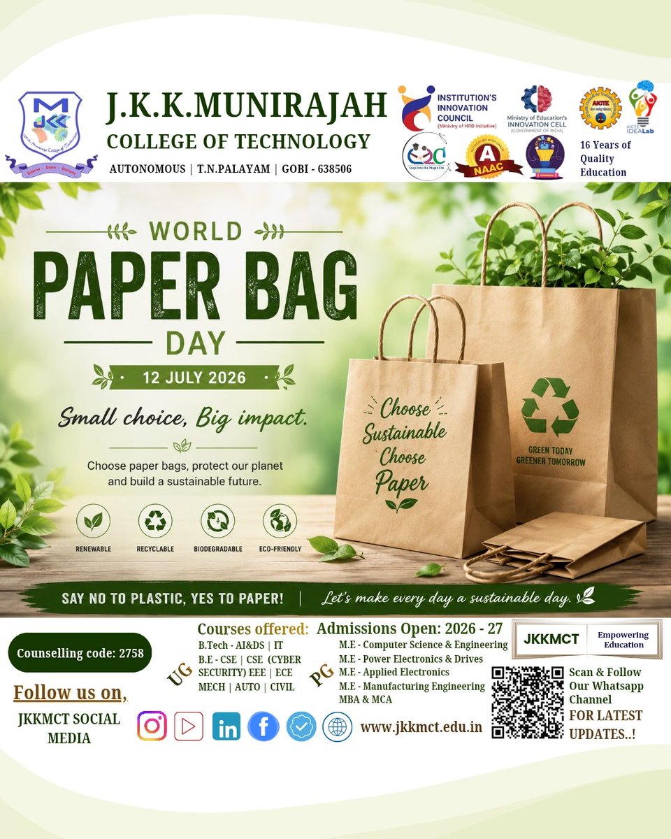 jkkmct_TNP's tweet photo. 🌿 World Paper Bag Day | 12.07.2026
Small choices create a big impact. 🌍
Choose paper over plastic and help build a cleaner, greener and more sustainable future.
♻️ Say NO to Plastic – Say YES to Paper!
#WorldPaperBagDay #GoGreen #SayNoToPlastic #EcoFriendly https://t.co/0kjcBx8Qks