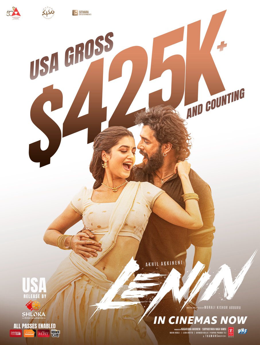 ShlokaEnts's tweet photo. The USA is dancing to the #LENIN wave! ❤️‍🔥🔥

$425K+ Gross… and still counting!💥

Love. Emotion. Action. Celebration.
Everything audiences are cheering for! 

All Passes Enabled
#LENIN IN CINEMAS NOW

#BlockbusterLENIN

USA release by @ShlokaEnts

@AkhilAkkineni8 #BhagyashriBorse @KishoreAbburu @iamnagarjuna @vamsi84 @SitharaEnts @AnnapurnaStdios