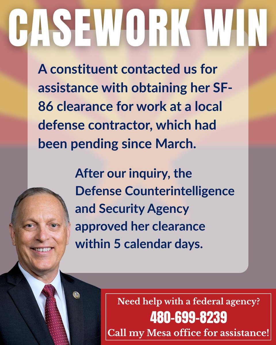 RepAndyBiggsAZ's tweet photo. Every week, my office obtains wins for our constituents, who come to us for answers in their cases with any given federal agency. We are always thrilled to report back with good news.

Our team is privileged to serve the great people of Arizona's Fifth Congressional District. https://t.co/zxYr58DB60