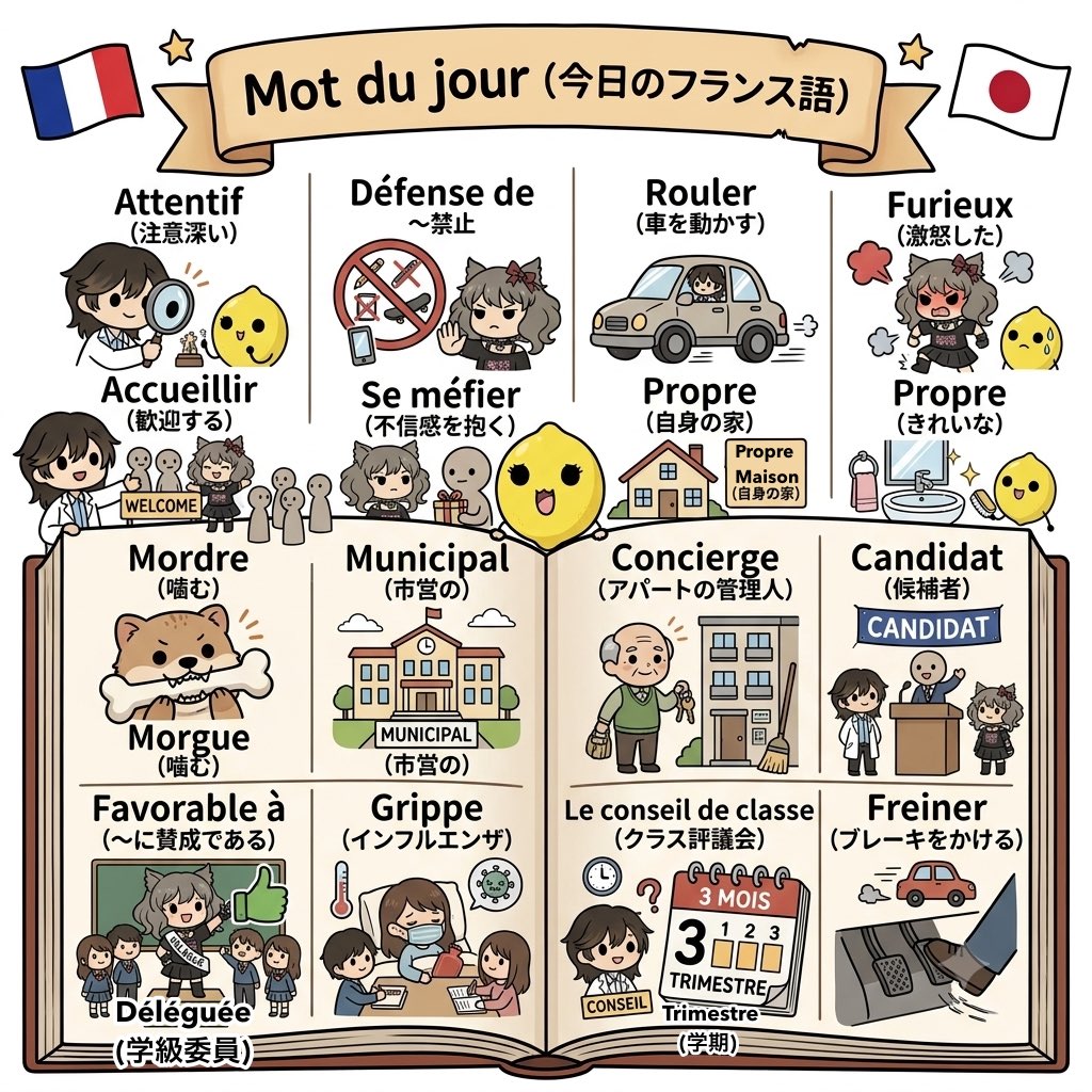 MisterPDragon's tweet photo. #今日のフランス語　#motdujour  
学校・街のくらし編

 Attentif 注意深い
Défense de 〜禁止
Rouler 車を動かす
Furieux 激怒した
Accueillir 歓迎する
Se méfier 不信感を抱く
Propre 自身の、きれいな
Mordre 噛む
Municipal 市営の
Concierge アパートの管理人
Candidat 候補者
... etc. https://t.co/kLo2KmNaNw