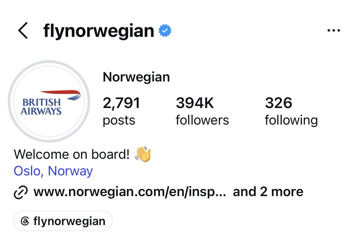 Ostrov_A's tweet photo. Love love love this! @Fly_Norwegian and @British_Airways made a friendly wager that which ever country lost the 🇳🇴 vs. 🇬🇧 World Cup match, would have to use the other airline’s logo. England won. And Norwegian Air’s instagram logo is now: https://t.co/JKJm9uRNYR