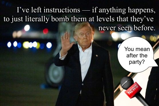 ElRonbo's tweet photo. Trump’s foreign policy: threaten World War III, ask who’s bringing the dip—and then realize he is. https://t.co/IVwYlVGlho