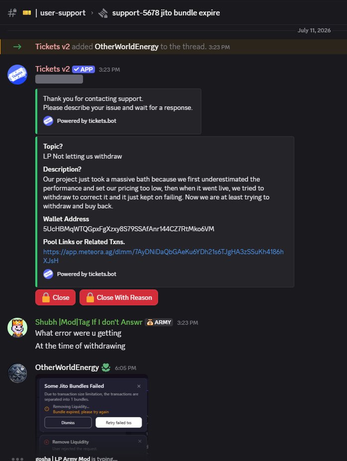 OWProjex's tweet photo. 🐸 Important Transparency Update + Great News for the Community 🐸

Earlier today our Meteora LP (which went live around 12:45 PM EST) auto-balanced due to strong price movement. It swapped roughly half the $RIBBIT supply for SOL.

We immediately jumped in to fix it and have been working with Meteora support all day. Turns out it was a known Phantom wallet + large position issue.

The great news?To prove we’re not here to rug anyone — we bought back more $RIBBIT than what was swapped directly from https://t.co/cuEXKHL9vg.

The liquidity remains safe in an out-of-range position (you can verify this on Solscan). We’re actively working to withdraw it, and once done… we’re dumping it straight back into $RIBBIT to rebalance and strengthen the pool.

This whole situation shows exactly how committed we are to protecting the community and doing the right thing.

We’re still early. Building a full cross-chain bounty arcade isn’t simple work, but we’re shipping daily while handling these growing pains. Those who join and support us now will be positioned very well as we bring this vision to life.

Screenshots of our conversation with Meteora support attached below 👇

Thank you for riding with us through the technical hurdles. We see the long-term vision clearly and we’re not going anywhere.

Enter the OtherWorld. 
$RIBBIT to the moon 🌕
CA: EVHtwfyWoHmUM5RHi3td31sNKCc8f83XKT44ZDqnpump 
https://t.co/mOLuJJ0vZQ
#RIBBIT #Solana