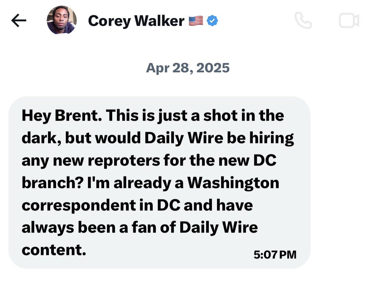 BrentScher's tweet photo. This guy dunking on Ben Shapiro as a “grifter” asked me for a job at Daily Wire last year. In fact, he said he’s always been a fan!

Major grifter behavior? https://t.co/qixcKhtzrI
