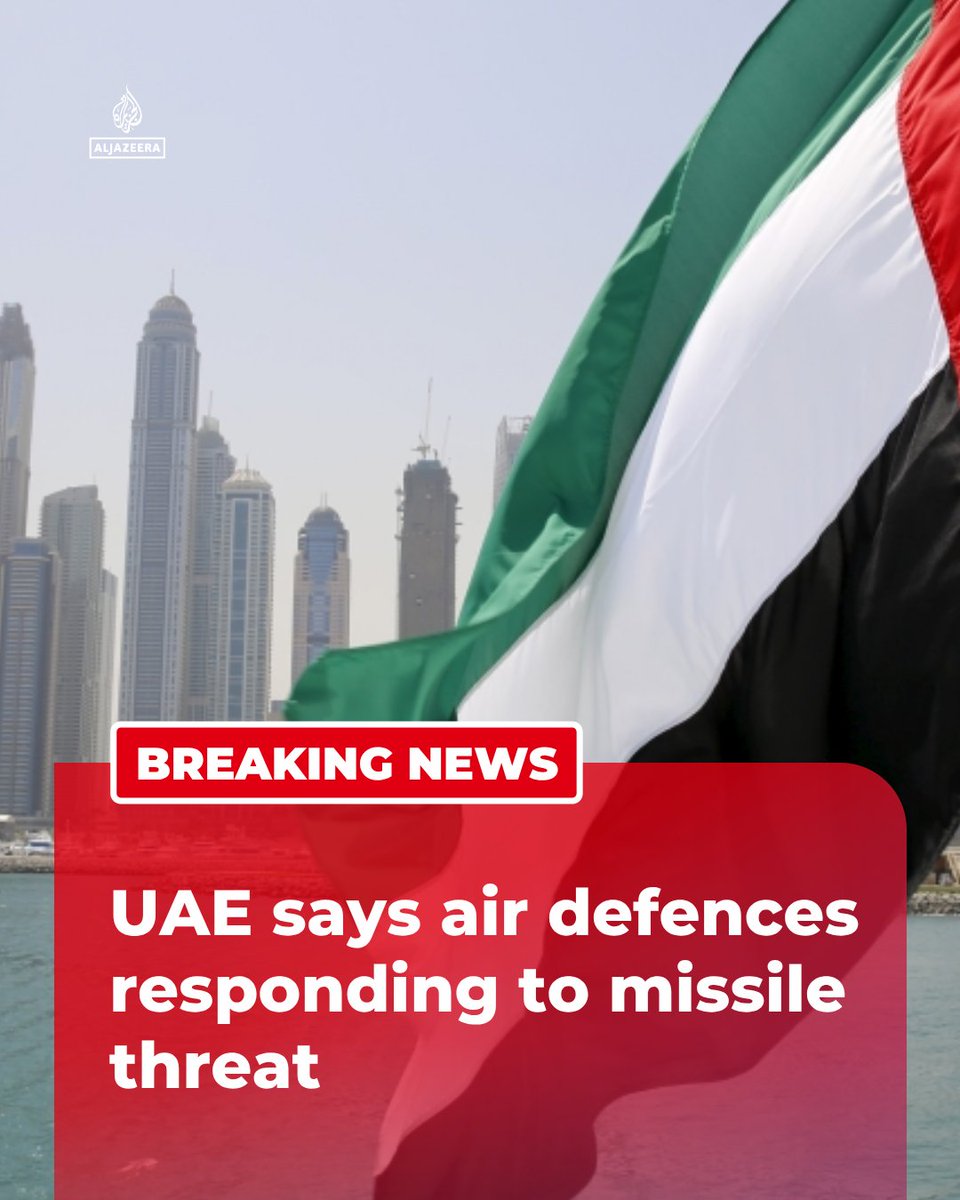 AJEnglish's tweet photo. BREAKING: The United Arab Emirates says its air defenses are actively “engaging” with incoming missiles and drone attacks from Iran.

🔴 LIVE updates: https://t.co/sfnZg9WSSH https://t.co/AbPiL953iO