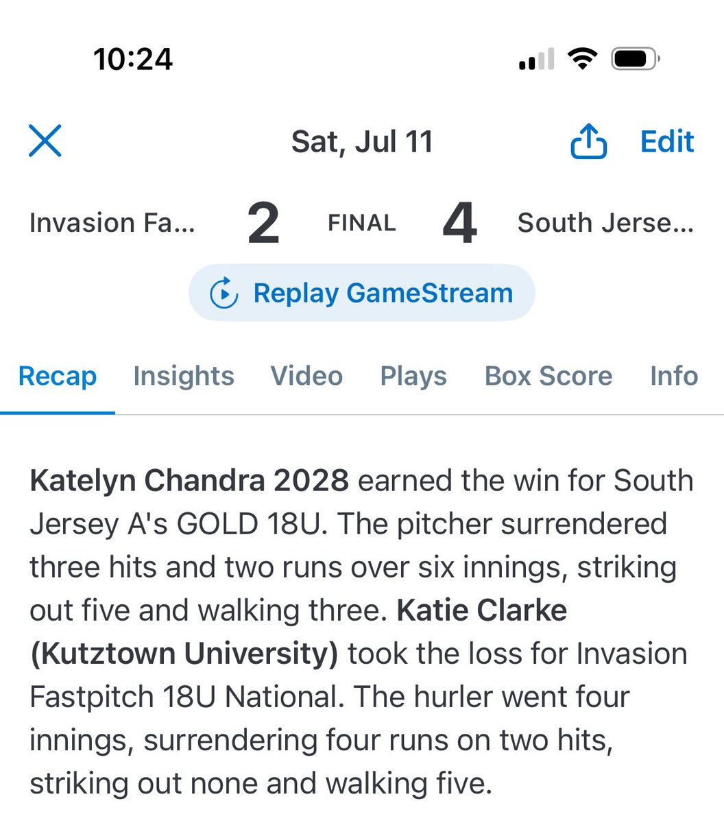 KateChandra06's tweet photo. Played in the Nightmare Classic Showcase today. Pitched the first playoff game against Invasion Fastpitch 18U National. My team won 4-2 Highlight of the game was a 3 K third inning! 💪🥎 https://t.co/pfXZtqMvQW