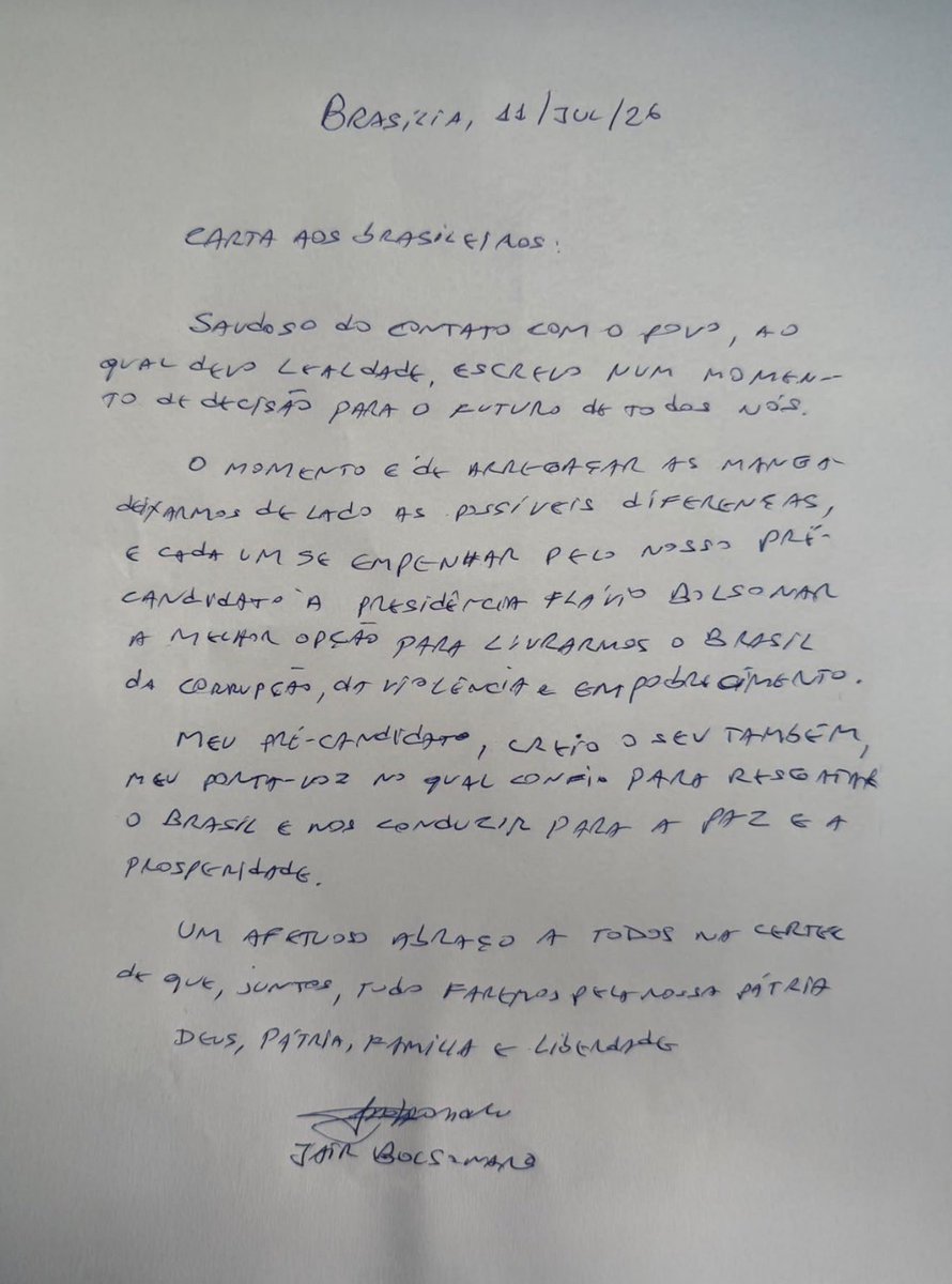 SenadorJett's tweet photo. Prezado Presidente Jair Bolsonaro,

É com grande admiração que aplaudo a sua visão de futuro para o Brasil. Em um momento em que o Brasil mais precisa de unidade e liderança verdadeira, o senhor, mais uma vez, demonstra a grandeza de quem coloca a Pátria acima de tudo.

Mesmo sendo atacado por uma ditadura judicial que tomou conta do Brasil, o senhor continua firme e incansável. Apesar de todas as injustiças, perseguições e tentativas de silenciamento, sua dedicação ao povo não se abala. Sua capacidade de resistir com dignidade e continuar lutando por um país melhor é um exemplo inspirador.

Concordo que Flávio Bolsonaro como Presidente do Brasil representa essa continuidade necessária — um homem honesto, experiente, corajoso e preparado para enfrentar a corrupção, a violência e o empobrecimento que tanto têm ferido o povo brasileiro.

Dia após dia, o senhor e sua família demonstram um compromisso inabalável com o Brasil, guiado por valores morais sólidos e perenes: a liberdade responsável, a prosperidade honesta, a segurança com justiça e o respeito à vida, à família e à fé. Flávio vai liderar o Brasil com experiência e lealdade aos mesmos princípios que sempre defenderam, com a visão clara do que o Brasil precisa para crescer com justiça e soberania. O Brasil merece líderes que coloquem o interesse nacional acima de tudo, e tanto o senhor quanto o Flávio Bolsonaro têm sido exemplos vivos disso, mesmo diante das maiores adversidades.

Neste momento tão desafiador, concordo que é fundamental que todos os que compartilham o mesmo ideal de um Brasil melhor e justo se unam em torno do bem comum. Lutas internas entre aliados não são produtivas e trazem divisões que só enfraquecem aquilo que todos construíram com tanto sacrifício.

Presidente Jair Bolsonaro, o senhor foi e continua sendo o grande líder que despertou o patriotismo adormecido no coração de milhões de brasileiros. Ao longo do tempo, alguns deixaram de apoiá-lo por medo ou porque, na verdade, nunca compartilharam dos mesmos princípios que o senhor defende. Esses somente queriam se eleger. Mesmo assim, espero que eles também se unam agora, reconheçam o erro cometido e trabalhem com humildade para eleger Flávio Bolsonaro para Presidente da República do Brasil e liberar o Brasil dos marxistas do PT.

Que Deus abençoe o seu maravilhoso povo brasileiro, para que possam superar as diferenças e trabalhar com respeito e determinação. Que Deus continue abençoando o senhor, o Flavio, a sua família e o nosso amado Brasil. 🇧🇷

Com gratidão, respeito e esperança. -Senator Shane Jett

@jairbolsonaro @FlavioBolsonaro @BolsonaroSP 

https://t.co/9iUWujmAEm