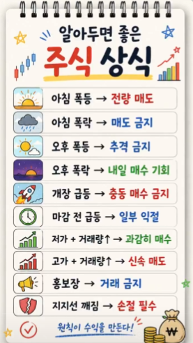 thejayryu's tweet photo. 📈 알아두면 좋은 주식 상식

✅ 장 초반 급등 → 욕심내지 말고 분할 매도

❌ 장 초반 급락 → 성급한 손절 금지

⚠️ 오후 급등 → 추격 매수 자제

💡 오후 급락 → 다음 거래일 매수 기회 체크

🚫 시초가 급등 → 충동 매수 금지 https://t.co/UaASEmGNa4