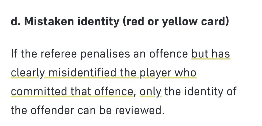 joaumdoistres's tweet photo. Do site da IFAB: “apenas a identidade do ofensor pode ser revisada”. Ou seja: a OCORRÊNCIA DA OFENSA por si só NÃO PODE SER REVISADA em casos de erro de identidade.

Chamar o juiz pra mudar uma falta da Argentina pra simulação de Suíça é uma violação do protocolo de VAR! https://t.co/NL54uX6h3c