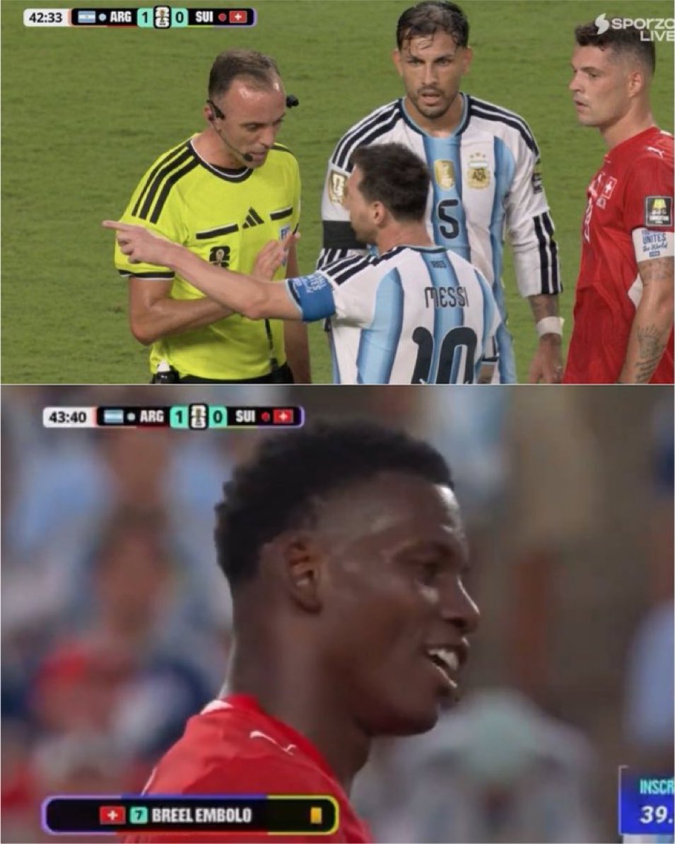 AdriRM33's tweet photo. La secuencia completa:

- Messi amenaza al árbitro
- Falta de Suiza
- El árbitro no iba a sacar tarjeta
- Messi le dice 3 cosas
- Tarjeta amarilla para Embolo 
- Segunda parte tarjeta para Argentina.
- El VAR entra y ROJA para EMBOLO.

La misma vergüenza de siempre. https://t.co/VvqFCrH1Zu