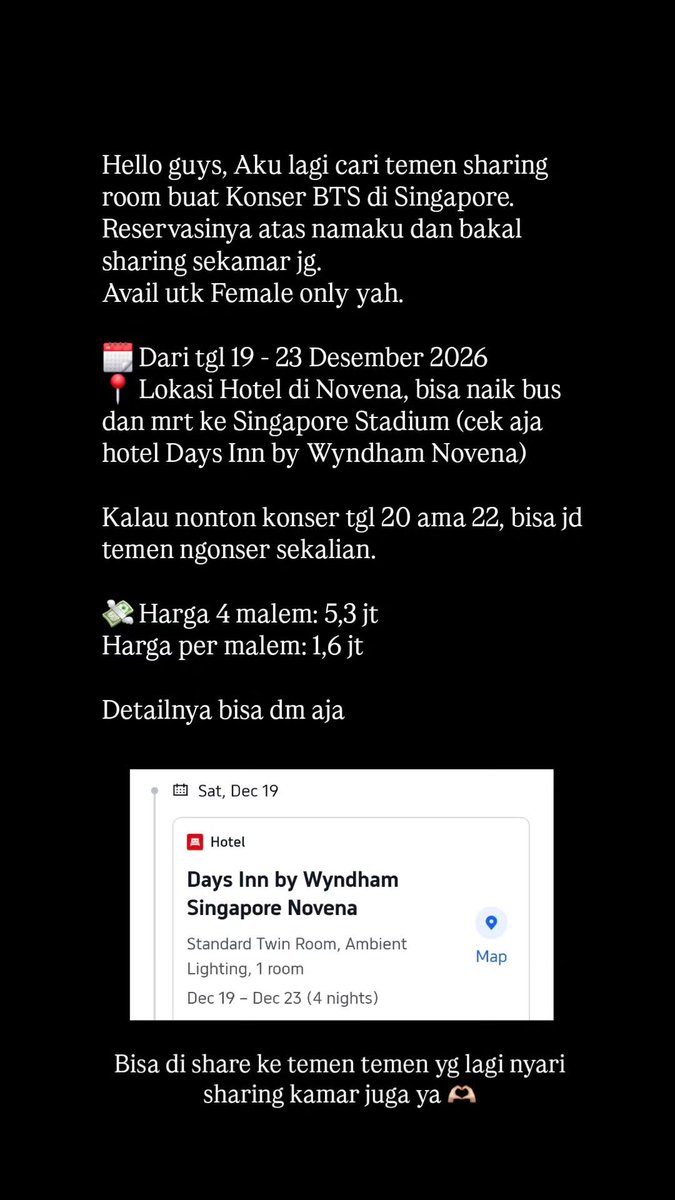 argonurcahyo's tweet photo. [HELP RT] WTS Shared twin room available for Arirang concert in Singapore 🇸🇬 (1 slot, Female Only)
Available for 4 nights from 19 to 23 December 2026.

Booked under my wife's reservation (she will attend the concert too)
For details &amp; inquiries, please DM.

#BTSinSG #AriranginSG https://t.co/xMOPxF6QwT