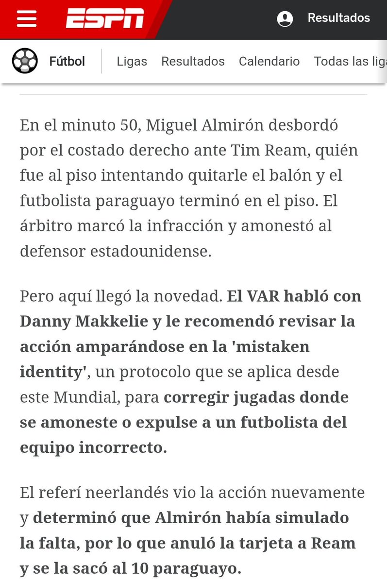 Lazaar__'s tweet photo. @Raulinvasor @fersamcar @lukatutuxs @julianjaime07 @_Floper La regla es reciente. Fue aplicada en el Paraguay-Estados Unidos donde Almirón fue amonestado luego de revisar que había fingido una falta. https://t.co/56L3gdLpRK