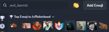 Bootstrapdev1's tweet photo. Henlo isn't even in the top emojis in the R/Robinhood discord, but you know what is?? Evil Kermit, he's green and has a hood. https://t.co/XCvkwOODZw