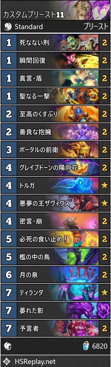 EMEm_hs's tweet photo. 萎れた影プリーストでレジェヒット
ティランダ、次のターンに萎れた影＋必死の食い止め＋回復呪文で32点出してOTKするデッキ
預言者や回復呪文のおかげでアグロ相手にも割と強い
勝率も結構よかったので載せておく https://t.co/IQ68j0wVQ2