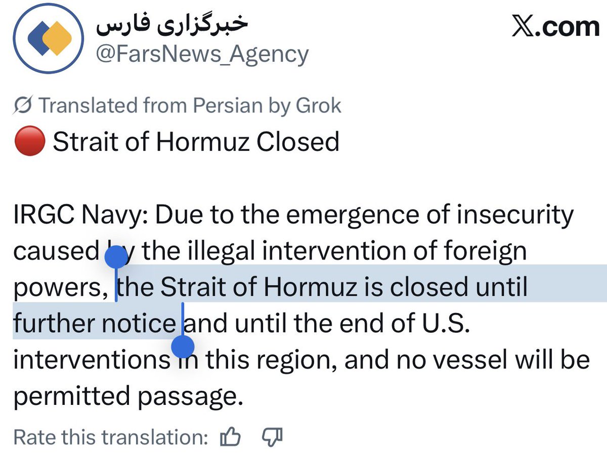 DanielLDavis1's tweet photo. This was as predictable as expecting the sun to rise in the east. Iran has been in control of the SoH since March 2nd, and nothing we’ve tried since has been able to pry it out of Iranian control. 

So what did we expect by setting up a competing corridor in the Strait? Did we think THAT would cause Iran to back down and let us do what we wanted?

Our intent on forcing ships against Iranian warnings thru Omani waters was a virtual certainty to spawn an IRGC strike against the vessel. And now we strike against Iran directly - and they will strike back directly against us and our allies. 

AMD THE STRAIT REMAINS IN IRANIAN CONTROL AND CLOSED. 

How does this predictable sequence help our side? All we’ve accomplished since June 17 is to prove how solidly the SoH is In Iranian hands, how impotent we are to wrest control from them, and we *worsen* our oil supply problem. 

Great job, Mr. President.