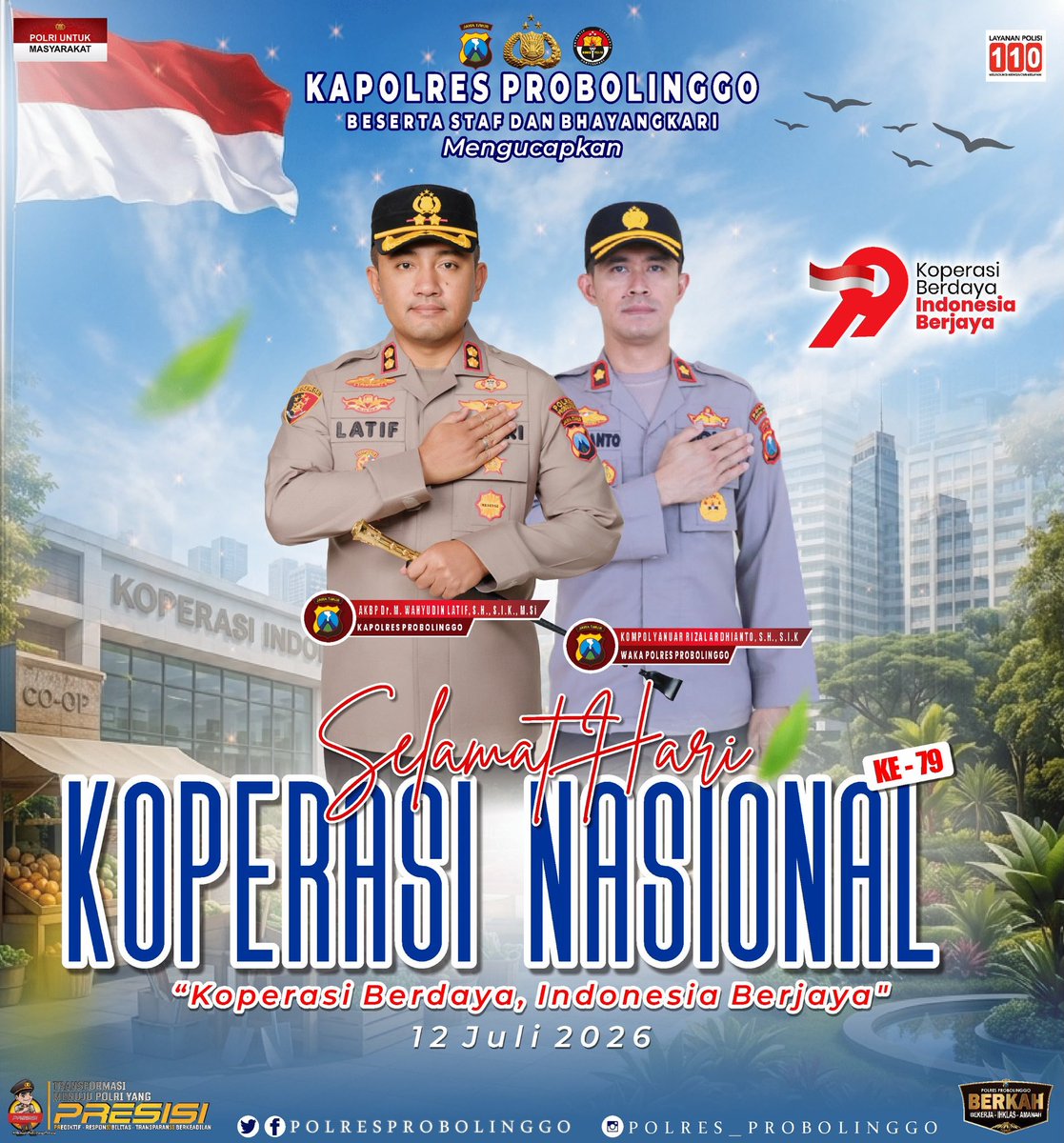 MapolsekT's tweet photo. 🇮🇩 Selamat Hari Koperasi Nasional ke-79 🇮🇩

Kapolres Probolinggo Beserta Staf dan Bhayangkari mengucapkan selamat memperingati Hari Koperasi Nasional ke-79. https://t.co/sBi0ahLxkI