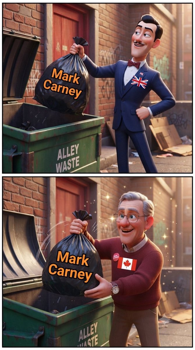WexitPepe's tweet photo. UK finally learned its lesson and tossed Mark Carney in the trash where he belongs.  

The guy wrecked the Bank of England with his woke green fantasies, skyrocketed inflation, and left Brits poorer.  

Now Canada’s desperate Boomers is digging through the dumpster to recycle Britain’s garbage.  

Classic Canada — always happy to import other countries’ failures. 🇬🇧➡️🗑️🇨🇦  

#Wexit #CarneyTrash #AlbertaFirst