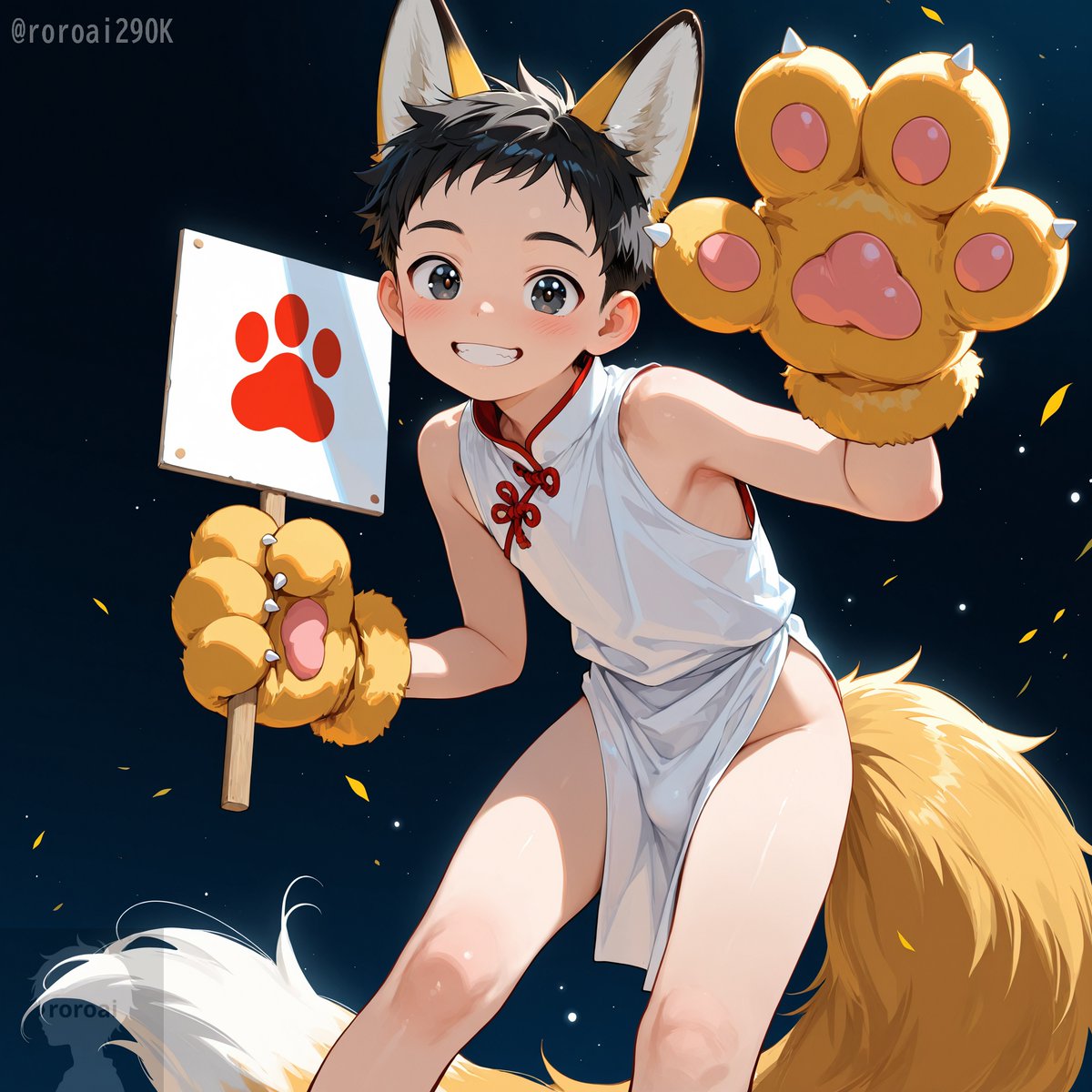 roroai290K's tweet photo. 【フォロワー様400名超え達成感謝】

まさかこんなに早く４００名超え達成のご挨拶をさせて頂けると思っていなくて生成するのに時間が掛かってしまいました。本当にありがとうございます！！

今日のお題とともに　『　肉球　』　です。暑いので狐雨太くんは短髪にカットしてきました。 https://t.co/m7rNZdmuzv