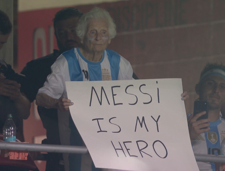KalshiFC's tweet photo. Leo Messi's 100 year old fan watching Argentina vs Switzerland. https://t.co/YGM7hdc4ye