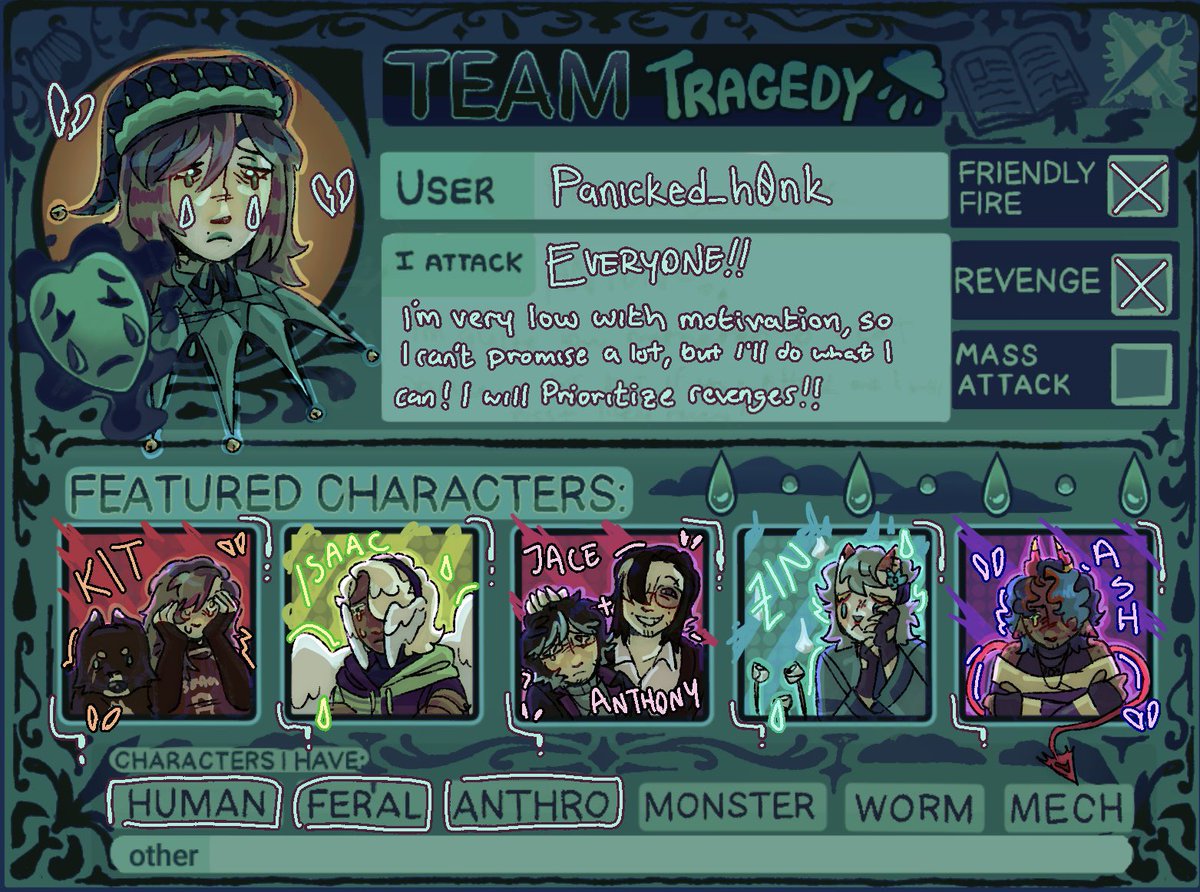 kittchenpanic's tweet photo. @meowlodiiii You seem to have enough tragedy users heres my card anyway LOL But I’ve some friends on the other teams !! Them + theo_sxcks (they never made a card 😭) https://t.co/tDqvNGtrKE