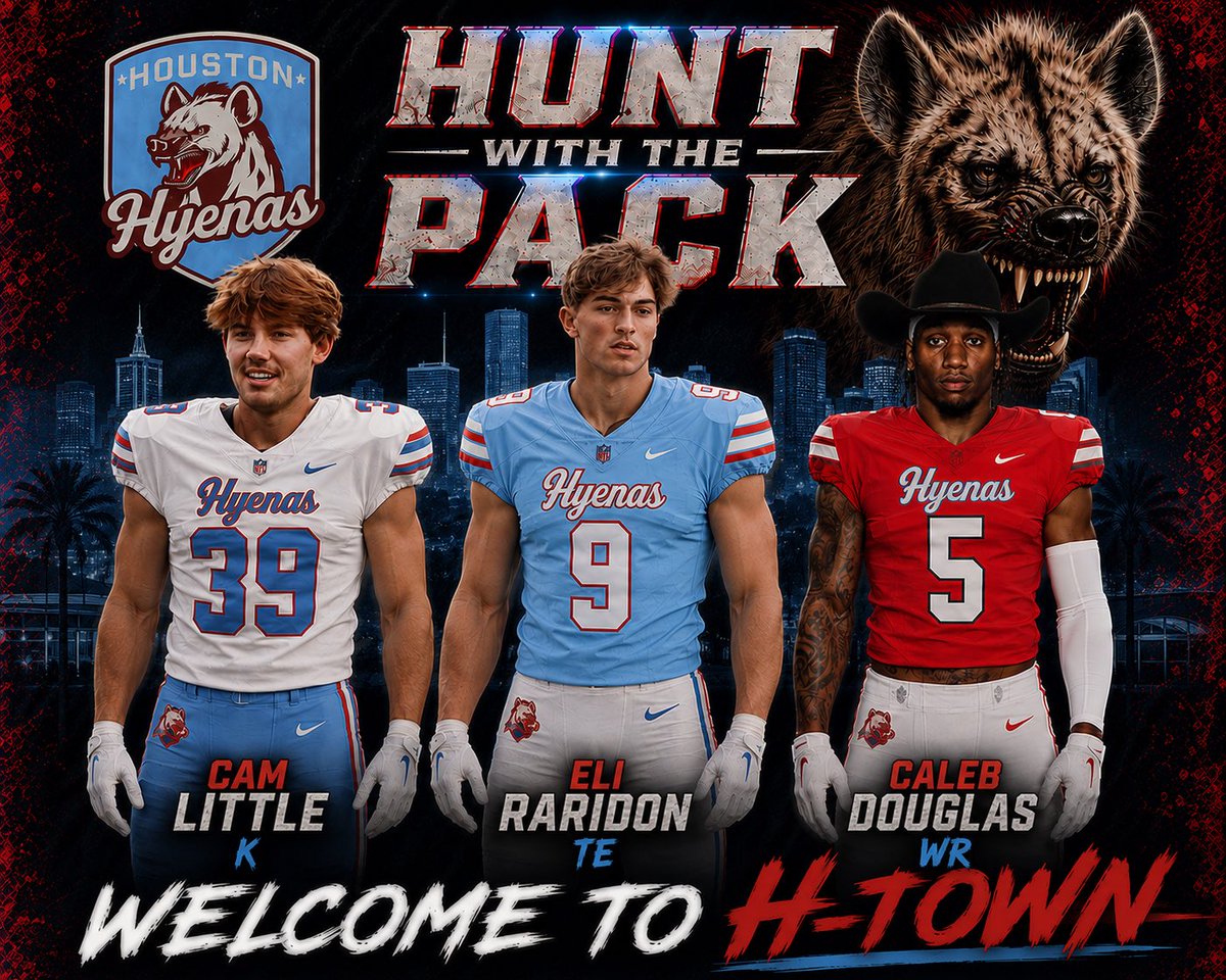 HouHyenas's tweet photo. @COATDynasty free agency started today and we wasted no time getting our guys. After having some great conversations, are happy to announce three new Hyenas. Welcome to Houston  @Caedeezy, @cameronglittle, and @EliRaridon! #huntwiththepack https://t.co/7t7k6CdGkc