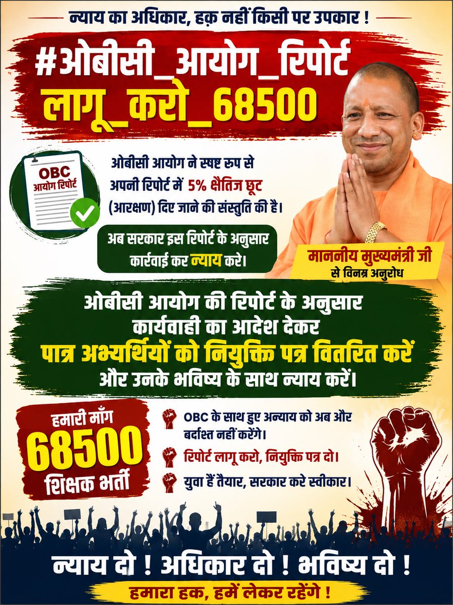_Shiv_prasad's tweet photo. @SunilY4017 @tufanyadav1020 #ओबीसी_आयोग_रिपोर्ट_लागू_करो_68500
राज्य पिछड़ा वर्ग आयोग की रिपोर्ट का अनुपालन कर पिछड़े वर्ग के अभ्यर्थियों को 8 वर्षों से मानसिक ,आर्थिक ,सामाजिक प्रताड़ना से मुक्ति दिलाकर नियुक्ति दे सरकार। https://t.co/54ODqSyaQx