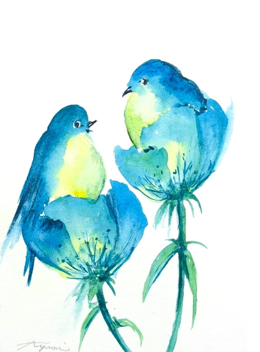 【手描きイラスト 356】オリジナルアナログ原画 中色紙 水彩「幸福の青い鳥」 幸せを運んでおくれよ🕊️🕊｡.｡:+* “幸せの青い鳥” #透明水彩 ハガキ