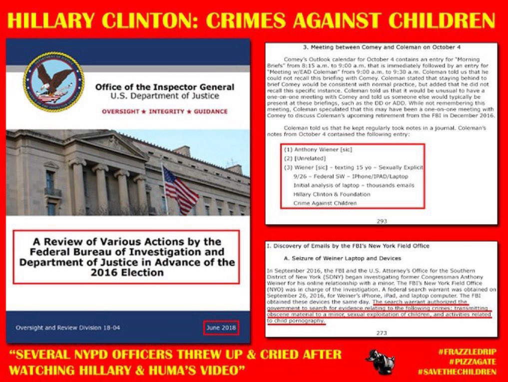 TheRubberDuck79's tweet photo. ‼️DID YOU KNOW‼️9 of the 12 NYPD Officers - one of them a chief - that viewed the contents of the "Insurance File" [a folder that was on Anthony Weiner's laptop] committed suicide [or protected custody].

👉🏼 allegedly located inside this folder is a video file labeled [https://t.co/HTqo8qdpnC] which is said to be footage of Hillary Clinton and her assistant Huma Abedin engaging in horrific satanic blood sacrifice rituals involving 2 young girls, at 2 different locations - prior to 2015.

👉🏼 these are the CRIMES AGAINST CHILDREN Hillary committed memorialized in the 2016 OIG report. Fox News reported about it.

👉🏼 this video was allegedly leaked on the dark web in late 2015/early 2016.

👉🏼 Sidney Powell and Lin Wood are 2 of the only people, other than Donald Trump, to discuss Anthony Wiener's laptop publicly.  https://t.co/boQhVNj78o