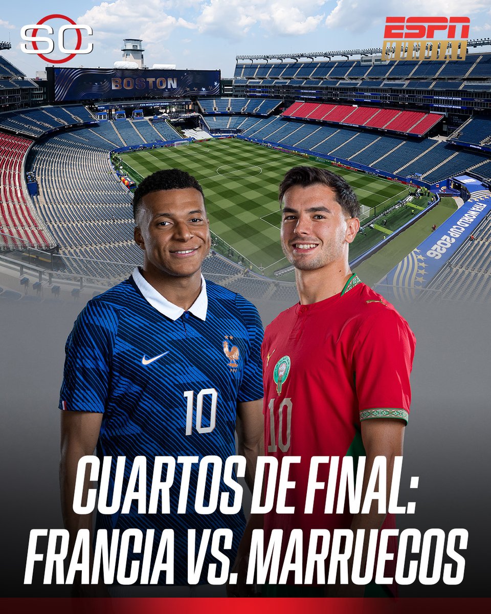 SC_ESPN's tweet photo. ✅ PRIMER CRUCE DE CUARTOS DE FINAL CONFIRMADO

🇫🇷 Francia vs. Marruecos 🇲🇦
📆 Jueves 9/7 - 17:00hs. (Arg) | 15:00hs. (Col)
🏟️ Gillette Stadium - Boston

⚽ #ESPNMundial 
📺 Mirá los mejores partidos de la #FIFAWorldCup por ESPN, en el Plan Premium de #DisneyPlus https://t.co/DgDqp8hI5q